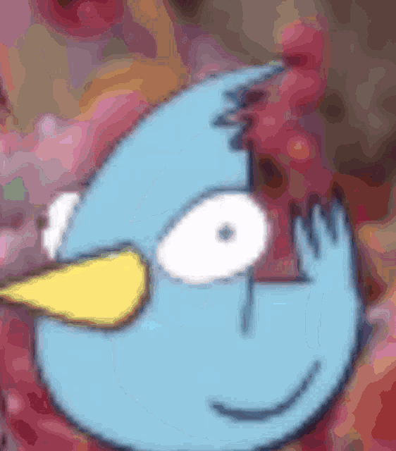a blue bird with a yellow beak is looking at the camera