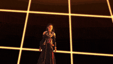 a woman is standing in a dark room with a purple light coming out of her chest
