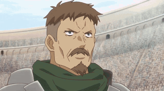 a man with a beard and a scarf around his neck looks angry