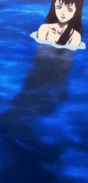 a girl with long black hair is swimming in a blue body of water