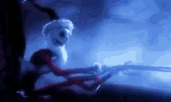 a nightmare before christmas animated character is holding a sword in his hand .