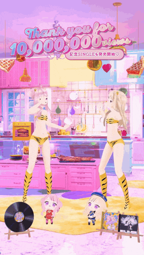 two girls in bikinis are dancing in front of a sign that says thank you for 100,000 streams