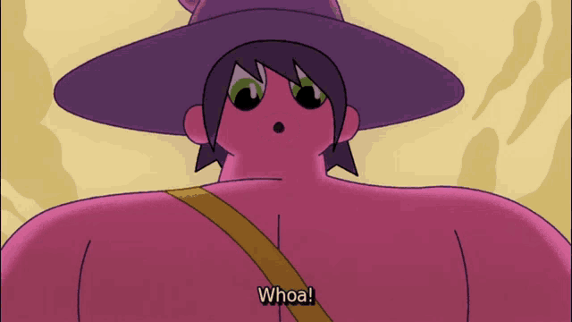 a cartoon character with a purple hat and the words whoa