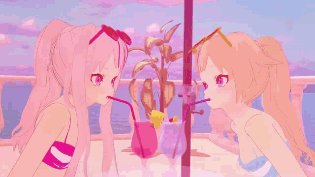 two anime girls drinking from straws on a beach