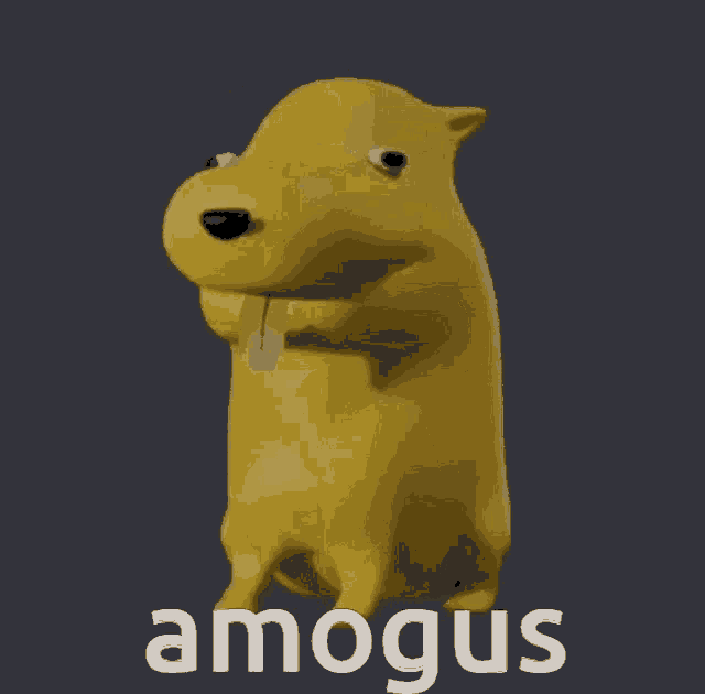 amongus is written in white on a yellow dog
