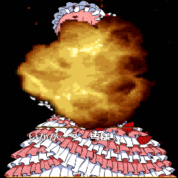 a cartoon of a woman in a pink and white dress with a large explosion in the background