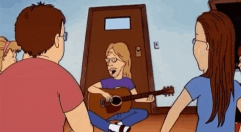 a cartoon of a man playing a guitar in front of a door .