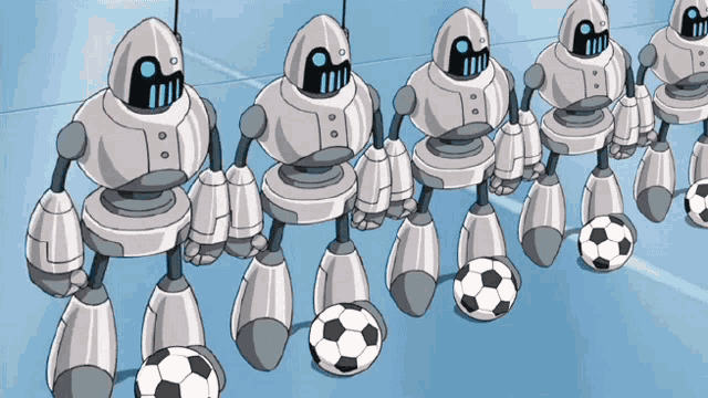 a row of robots playing with soccer balls