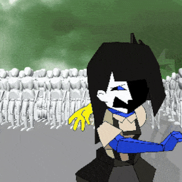 a pixel art of a girl with blue gloves