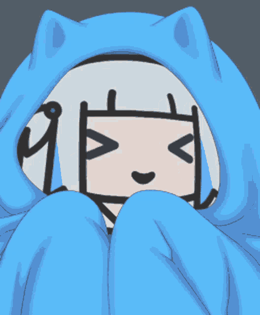 a cartoon drawing of a person with a blue blanket on their head