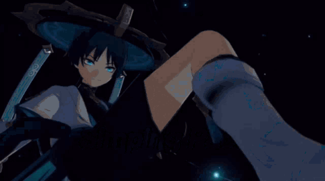 a girl with blue hair is holding a sword and the words jt jt jt jt jt jt