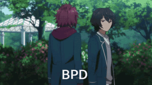 a couple of anime characters standing next to each other with bpd written on the bottom right