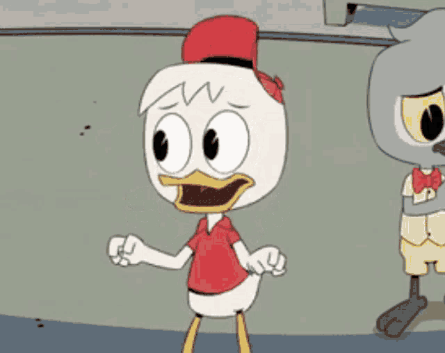 a cartoon of a duck wearing a red shirt