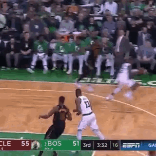 a basketball game is being played on a court with a scoreboard that says bos on it