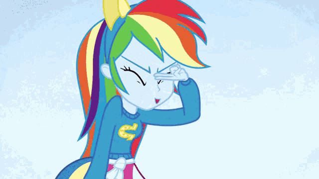 rainbow dash from my little pony equestria girls is giving a peace sign