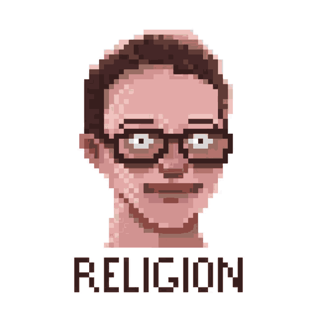 a pixel art of a man wearing glasses with the word religion below him