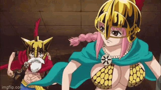 a couple of anime characters standing next to each other .