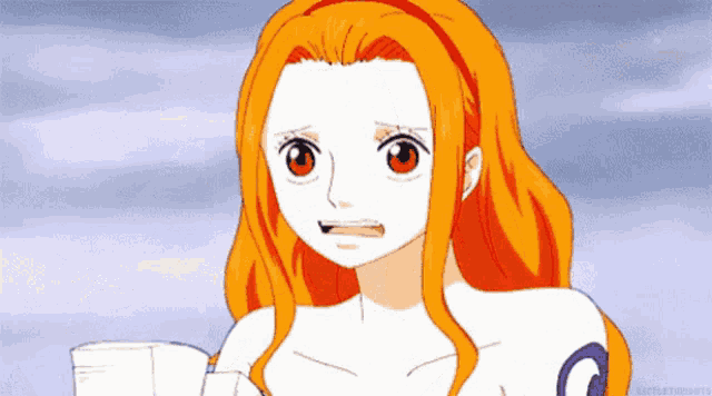 a cartoon girl with orange hair and red eyes is holding a cup and looking at the camera .