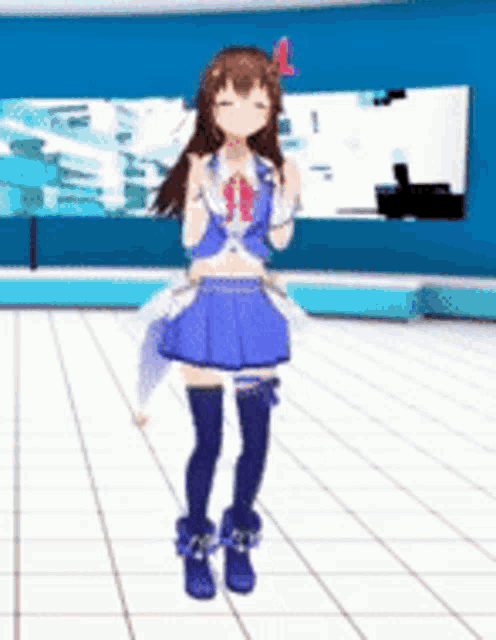 a 3d anime girl is dancing in a blue room .