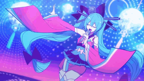 a girl in a pink and blue dress is singing into a microphone .