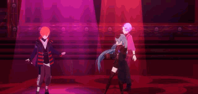 a group of anime characters are standing in front of a pink light .
