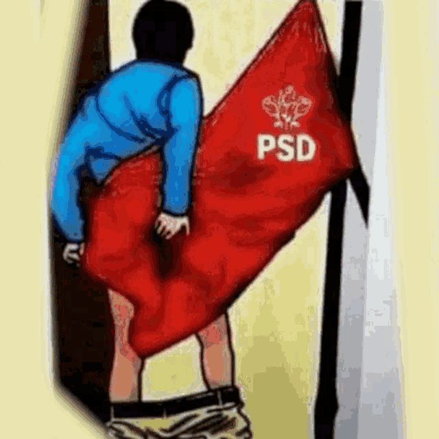 a cartoon of a man holding a red flag with the word psd on it