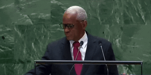 a man stands at a podium with a sign that says un