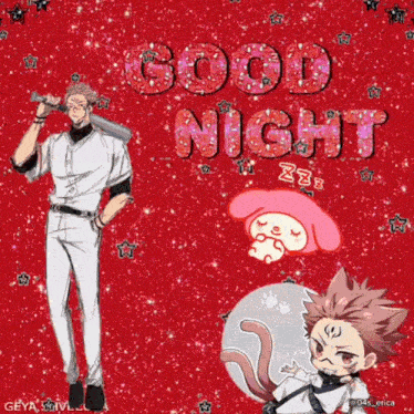 a man in a baseball uniform is holding a bat and says `` good night '' .