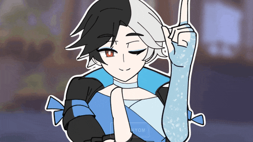 a drawing of a girl with a blue arm and a black and white hair shows her middle finger