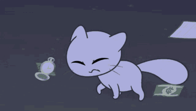a cartoon cat walking next to a dollar bill and a clock