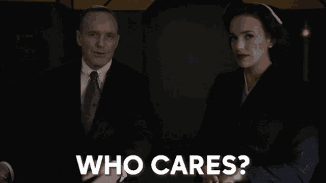 a man and a woman are standing next to each other and the man is asking the woman " who cares "