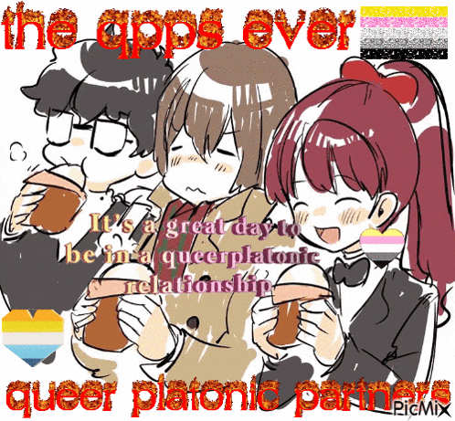 a drawing of three anime characters with the words " the apps ever queer platonic partners "