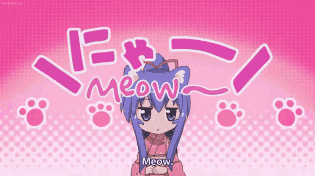 a girl in a kimono says meow in front of a pink background