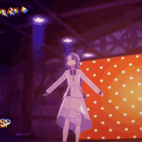 a girl in a white dress is dancing in front of an orange wall with polka dots and the word sp on it