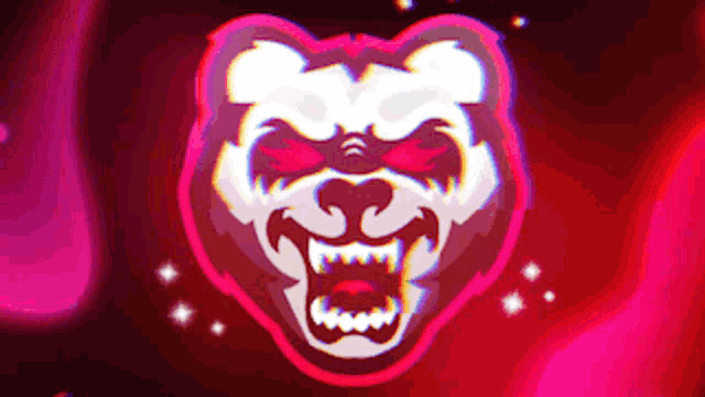 a panda bear with glowing red eyes and teeth