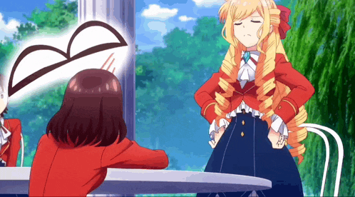 a girl in a red jacket is standing next to another girl in a blue dress