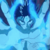 a close up of a person 's face with a blue light coming out of his hands .