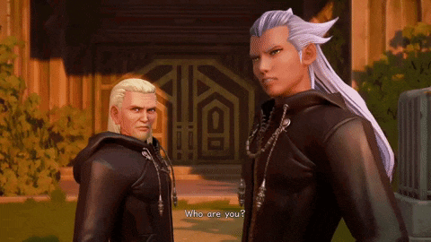 two video game characters are standing next to each other and one of them says who are you