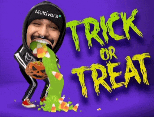 a man is vomiting candy corn in front of a trick or treat sign