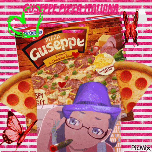a girl smoking a cigarette next to a box of pizza that says giuseppe