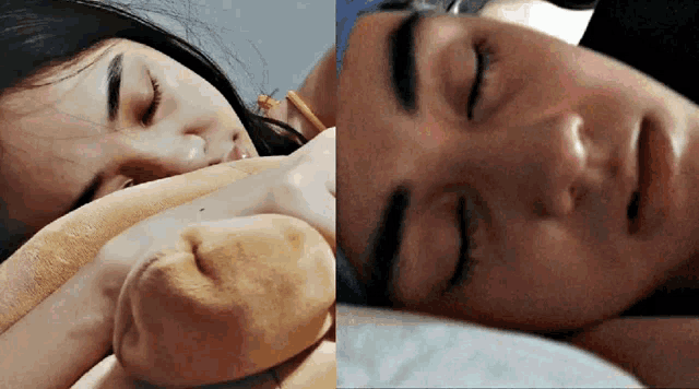 a woman is sleeping next to a man who is sleeping with his eyes closed