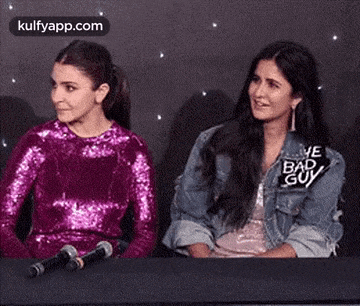 two women are sitting next to each other at a table with microphones in front of them .