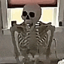a skeleton is sitting in front of a window with a skull on his head .