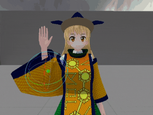 a computer generated image of a girl wearing a costume that says ' nm ' on the front