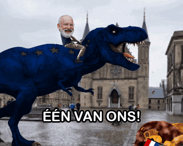 a man is riding on the back of a blue dinosaur with the words een van ons written on it