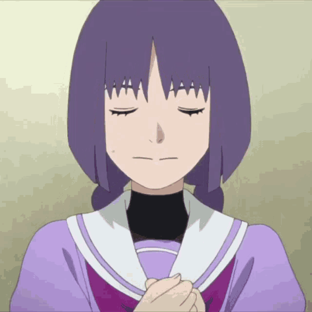 a girl with purple hair is wearing a purple and white uniform with her eyes closed