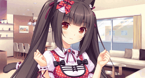 a girl with pigtails and a cat ear is holding her hair in a living room