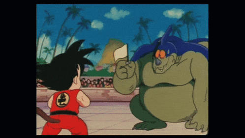 a cartoon character with a chinese symbol on his back stands next to a monster