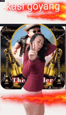 a woman giving a peace sign with a baby in the background and the words kasi goyang on the bottom