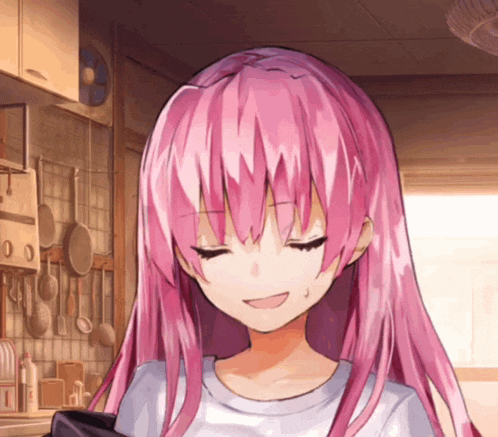 a girl with pink hair and a white shirt is smiling